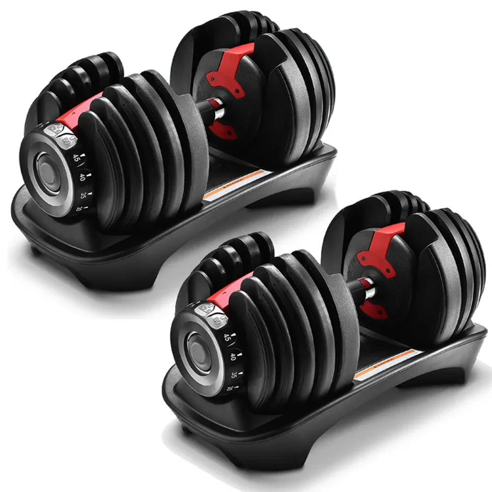 Pair of adjustable dumbbells on stands with a white background
