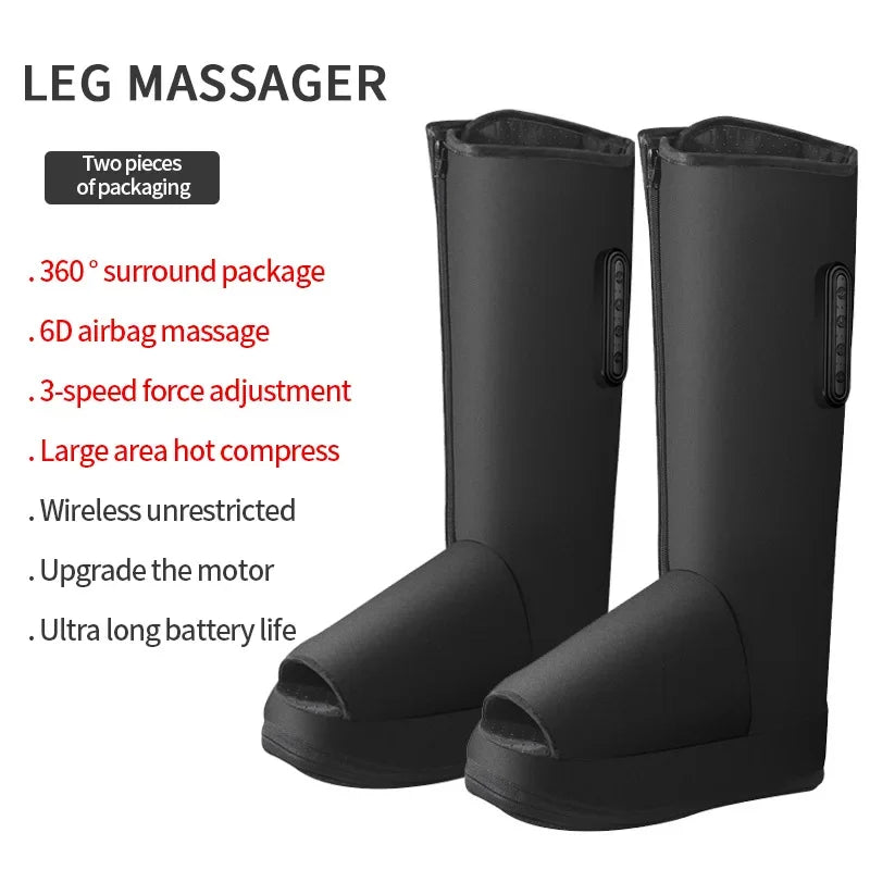 Black leg massager with features listed on a white background