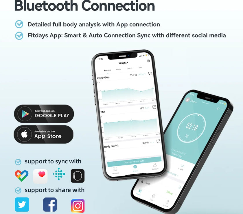 Smart device with app interface on a light blue background, featuring Bluetooth connection and app sync information.