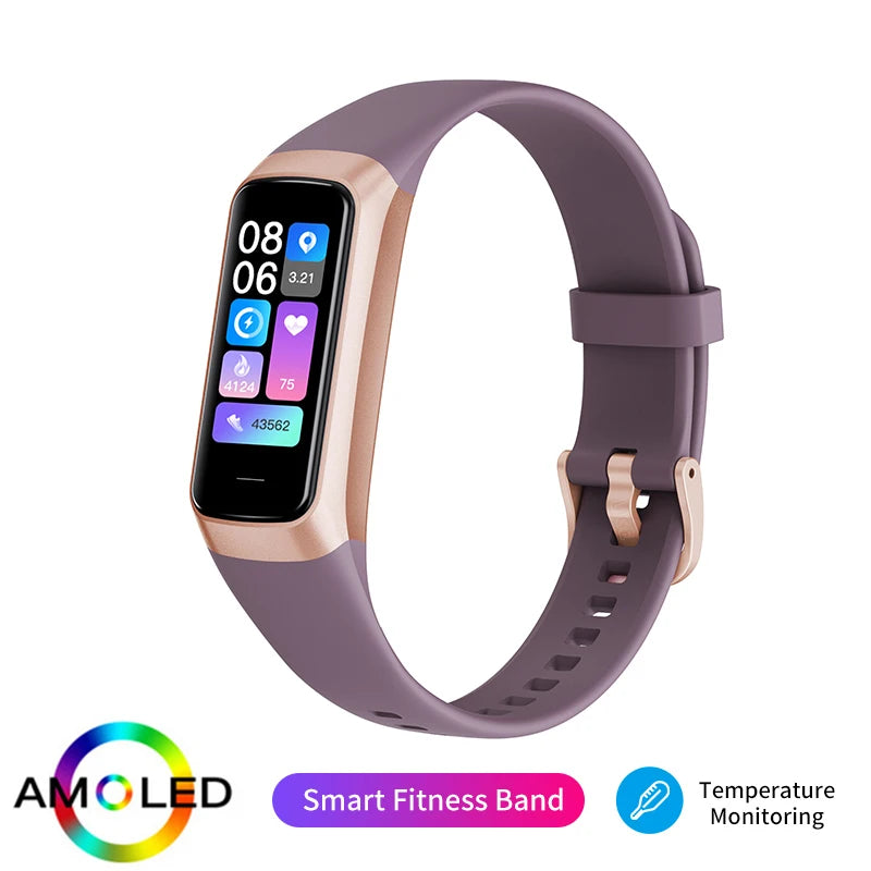Smart fitness band with purple band and rose gold accents on a white background