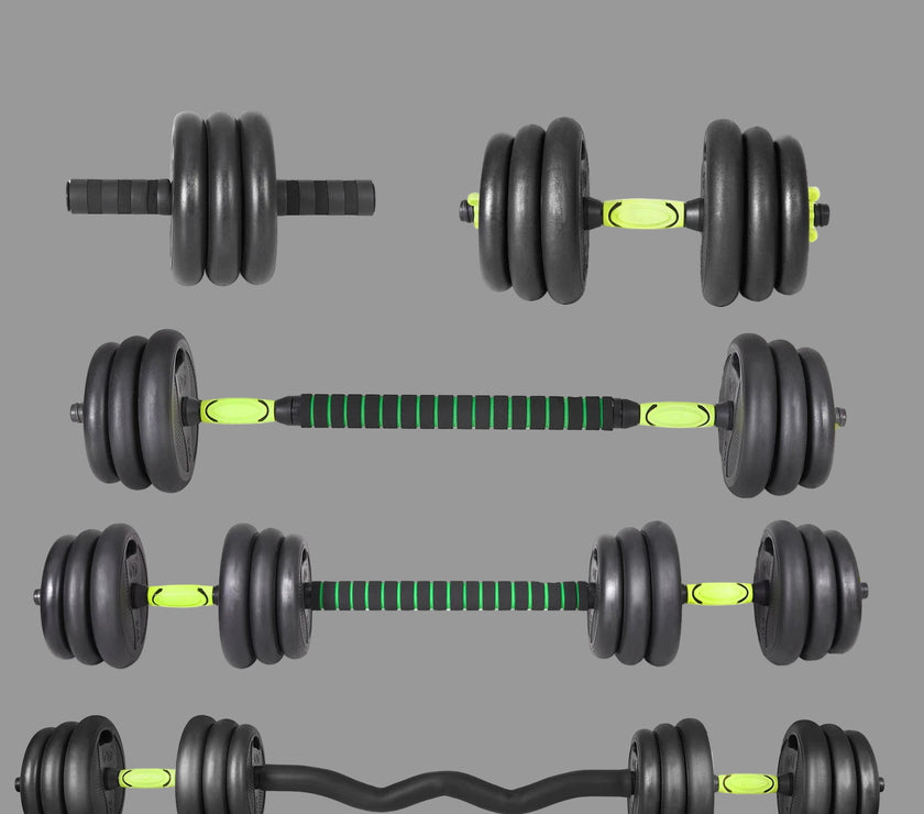Set of adjustable dumbbells with different weight combinations on a white background.