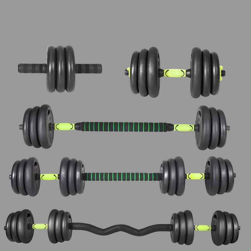 Set of adjustable dumbbells with different weight combinations on a white background.