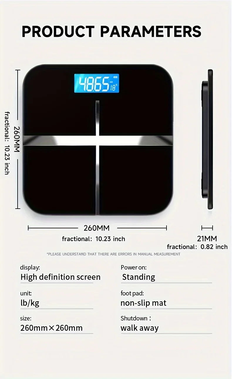 Digital body fat scale with product parameters on a white background