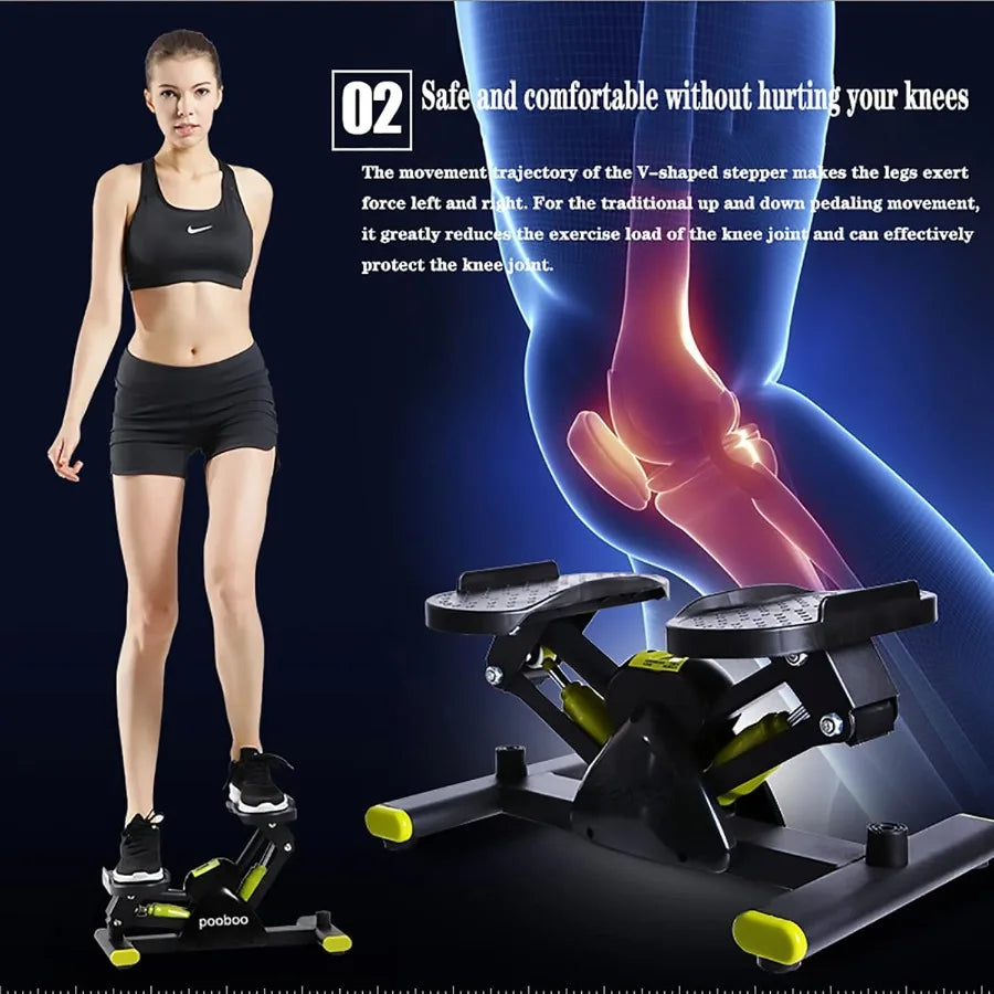 Woman using a step machine with anatomical diagram of knee on a dark background