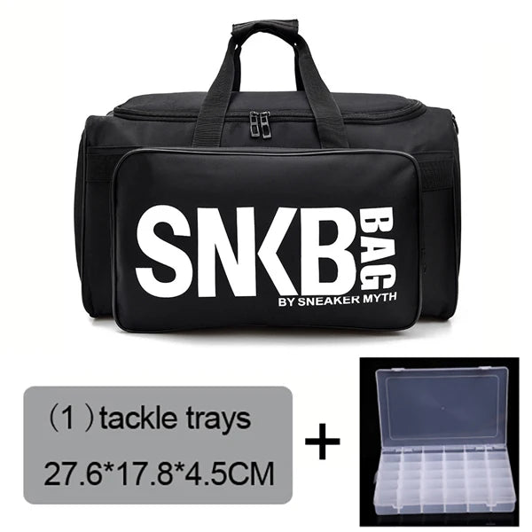 A black multifunctional adjustable gym bag with the text 'SNKR BAG' on the side, being worn by a person against a tropical backdrop, and an inset image showing the interior compartments filled with sneakers and clothing.