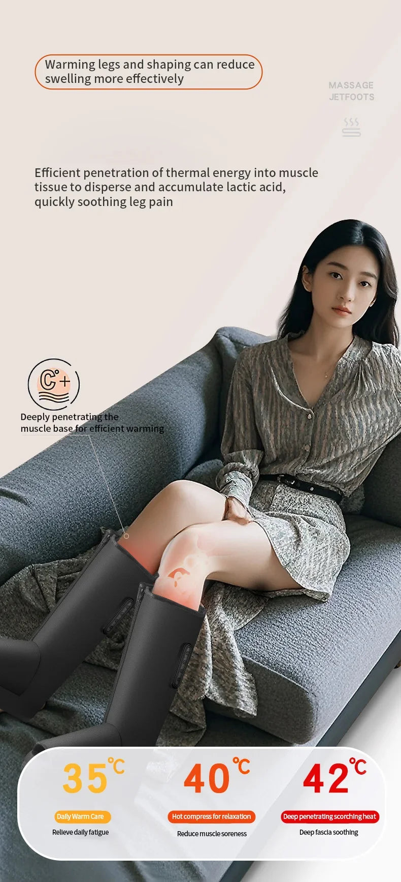 Woman wearing compression stockings on a couch with text about warming effects.