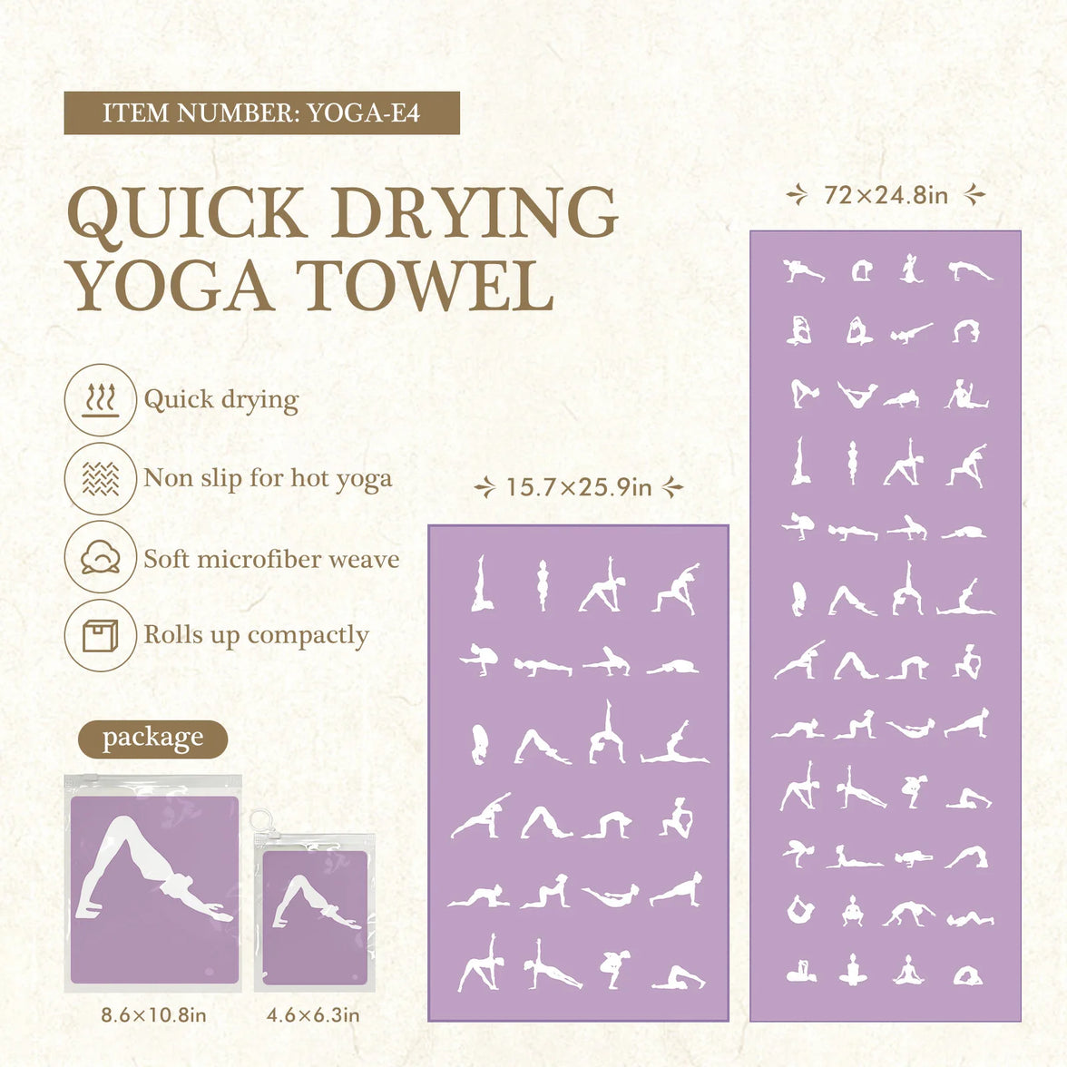 Quick drying yoga towel with product details and illustrations on a white background