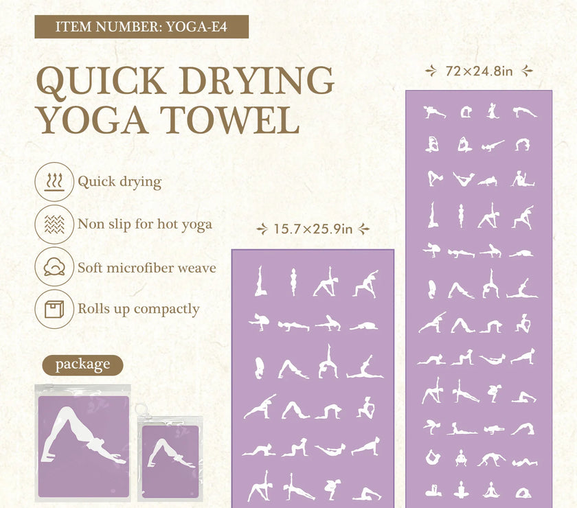 Quick drying yoga towel with product details and illustrations on a white background