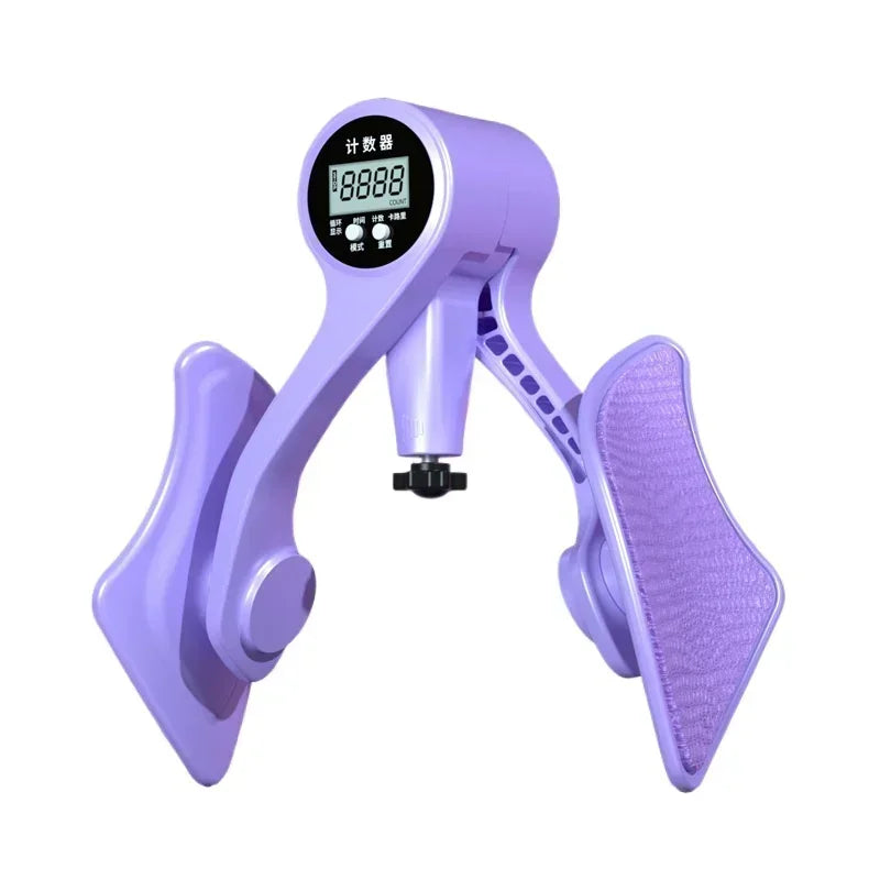 Purple hand grip strengthener with digital display on a white background