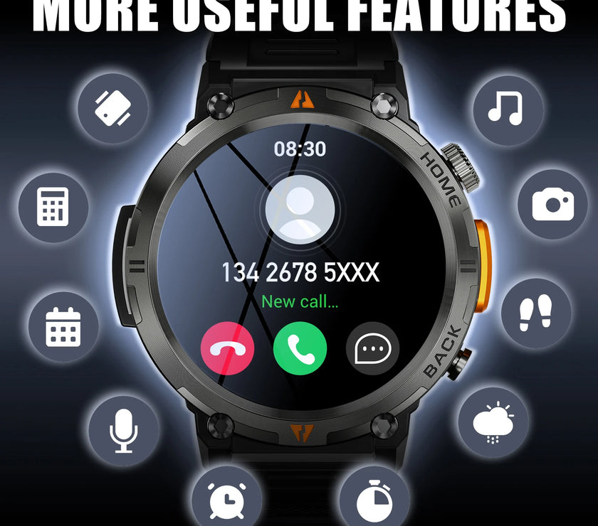 Smartwatch with app icons around it on a dark background