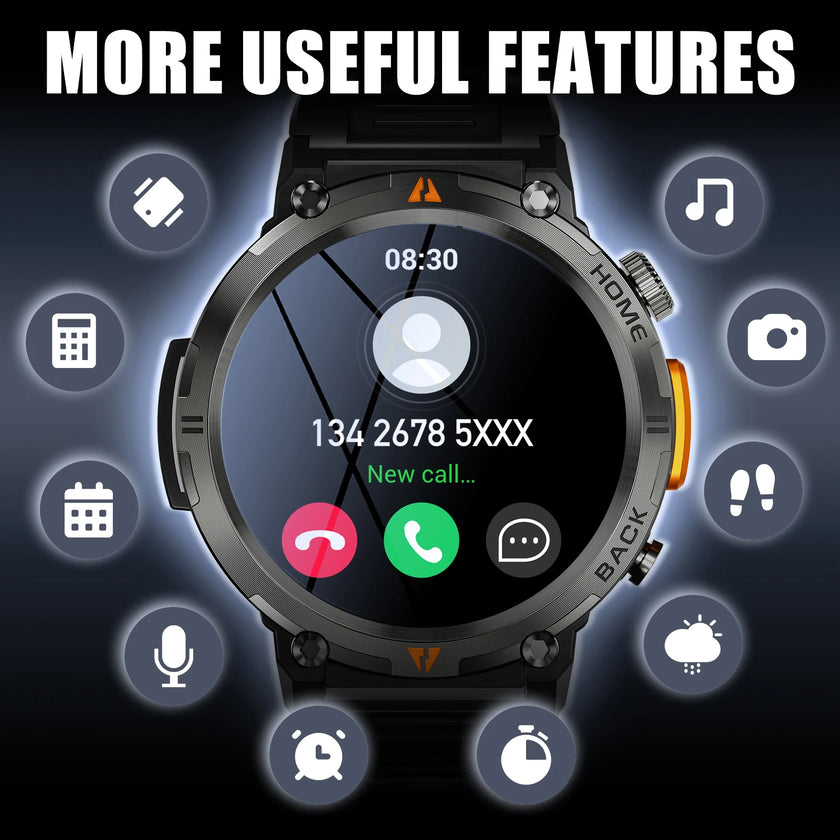 Smartwatch with app icons around it on a dark background