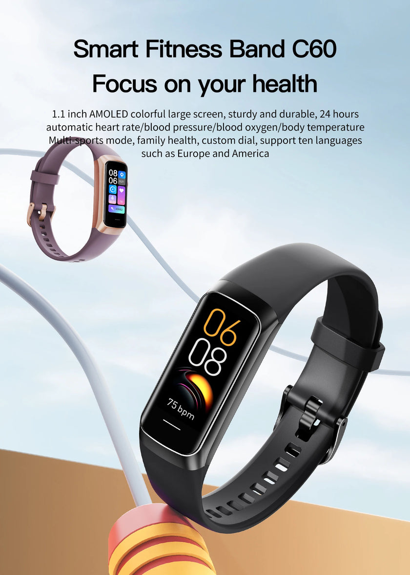 Smart fitness band C60 with colorful display on a light blue background