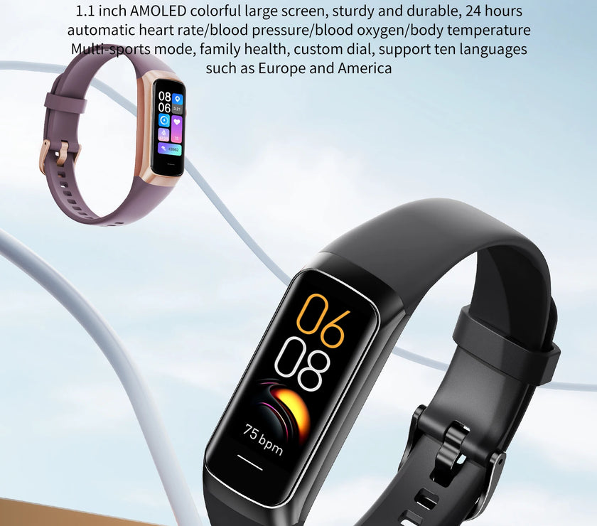 Smart fitness band C60 with colorful display on a light blue background