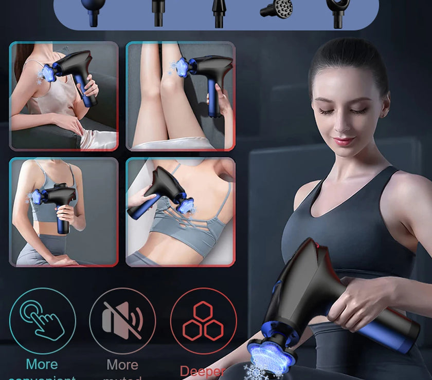 Woman using a handheld device with various attachments on a dark background