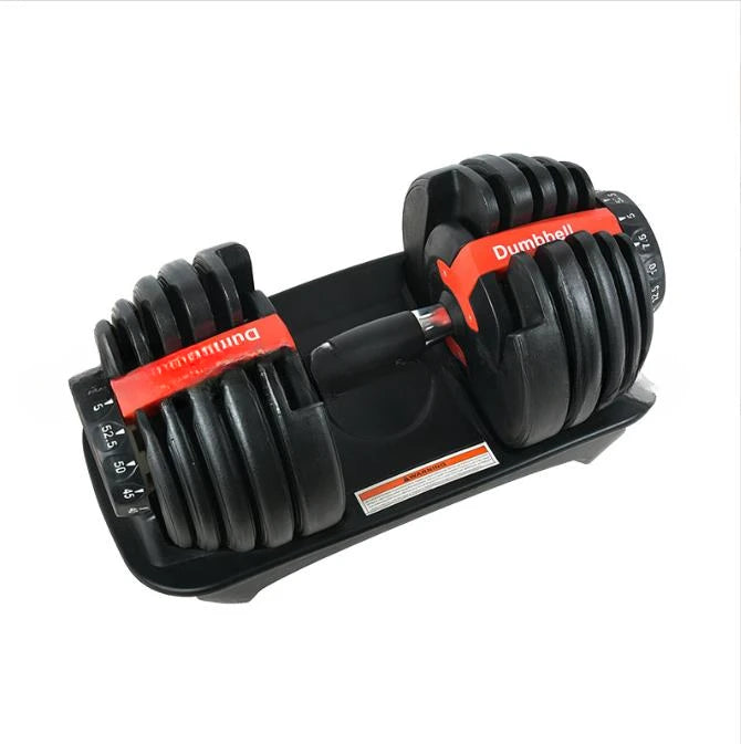 Pair of adjustable dumbbells on a white background