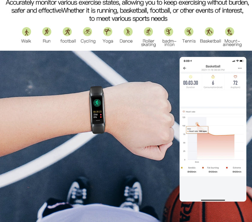 Smartwatch on a person's wrist with a basketball and sports app interface on a screen, on a sports field background.