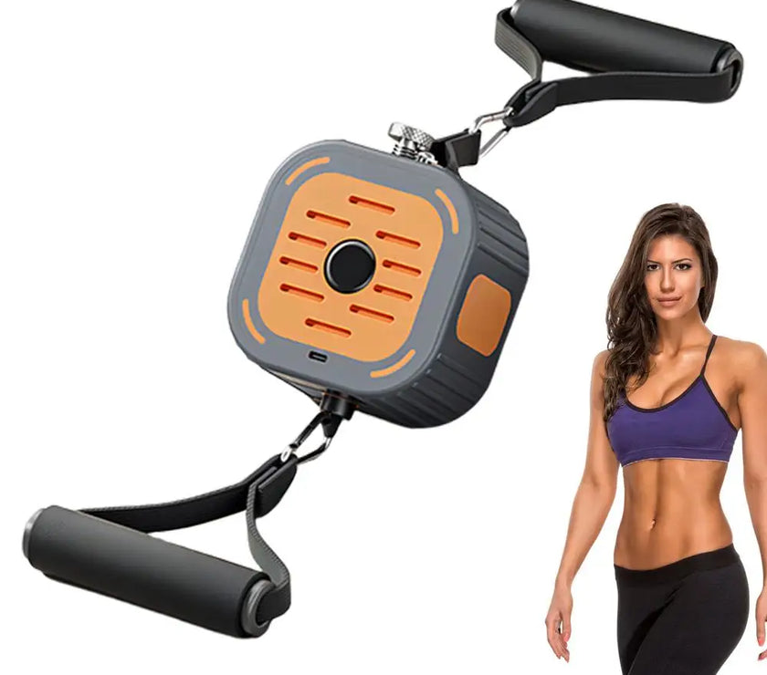 Resistance band trainer with a woman in workout attire on a white background