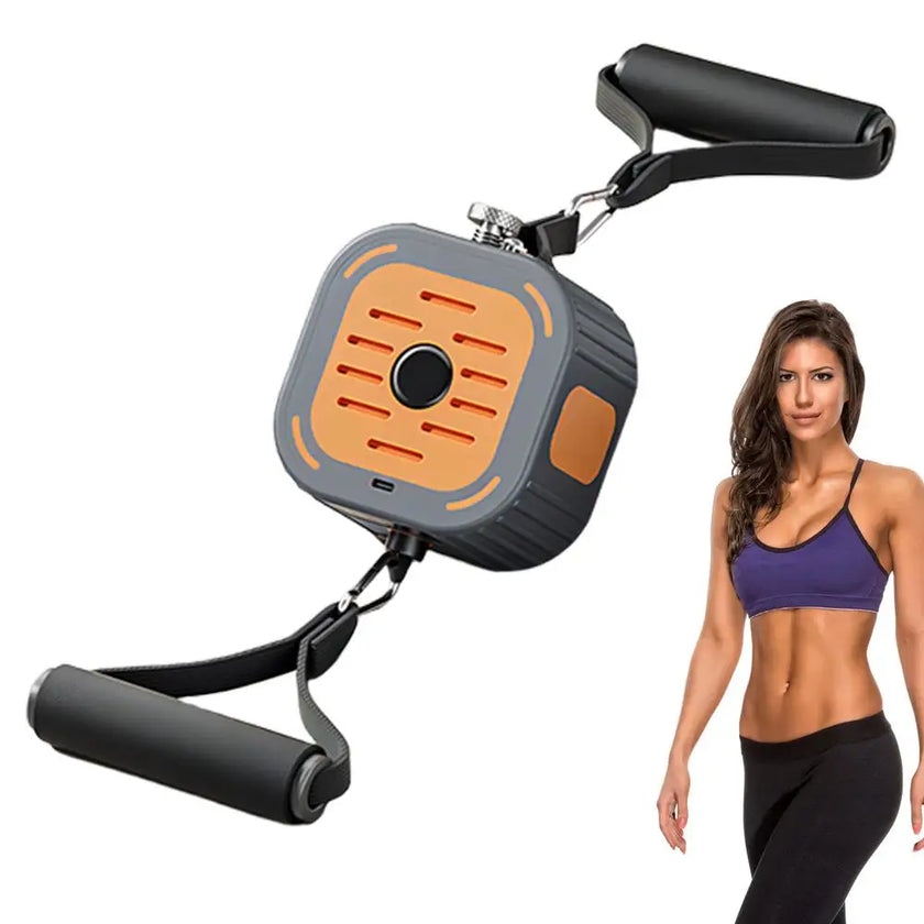 Resistance band trainer with a woman in workout attire on a white background