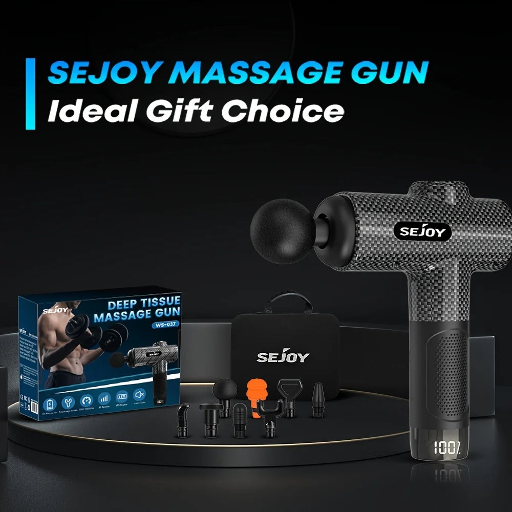 SEJOY massage gun set with accessories on a black background