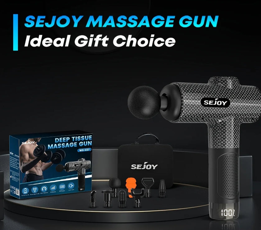 SEJOY massage gun set with accessories on a black background