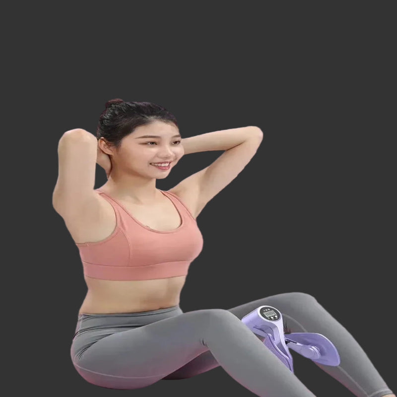 Woman exercising with a resistance band against a pink curtain background