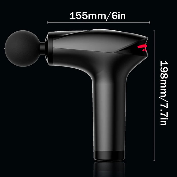 Black handheld tool with measurements on a black background