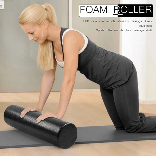 Woman using a foam roller on a mat with text about foam rollers.