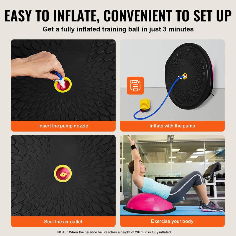 Instructions for inflating and using a balance training ball with text on an orange background.