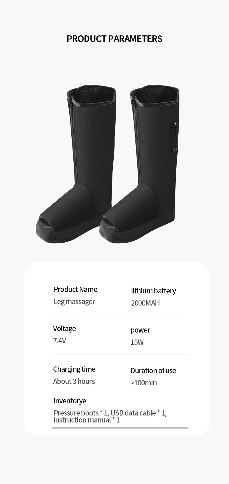 Black leg massager with product parameters on a white background