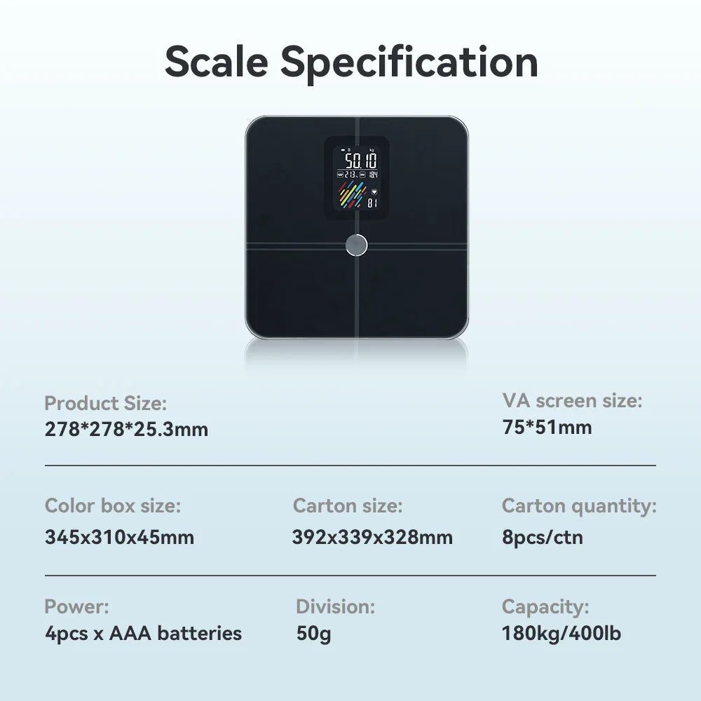 Digital scale with specifications on a white background