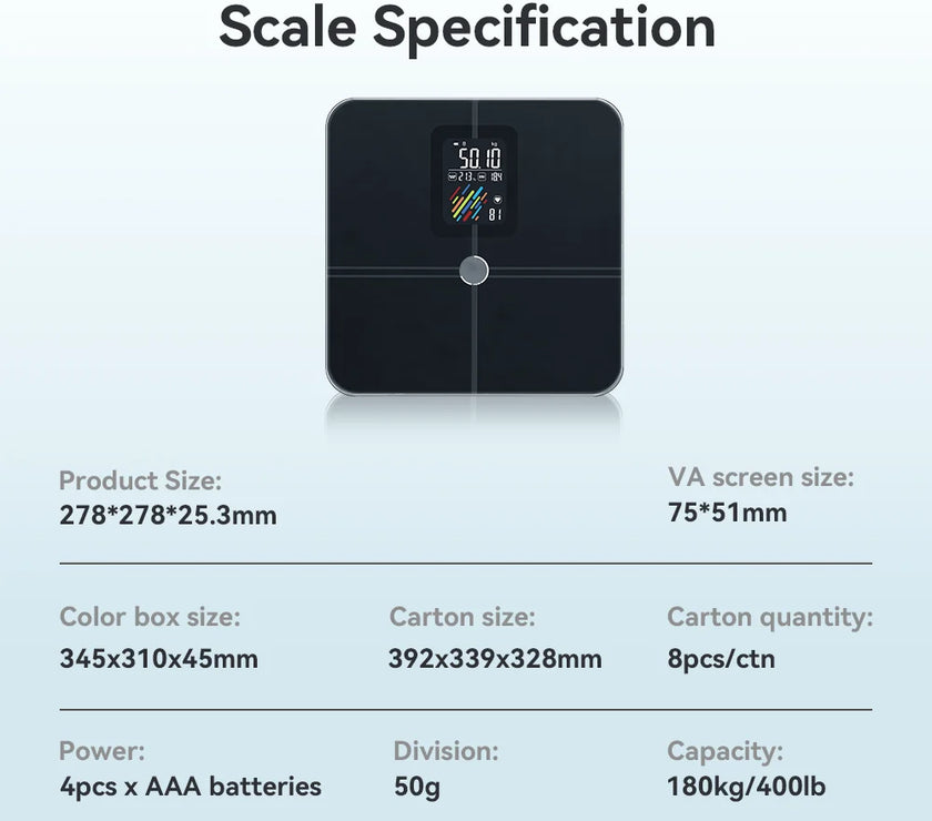 Digital scale with specifications on a white background