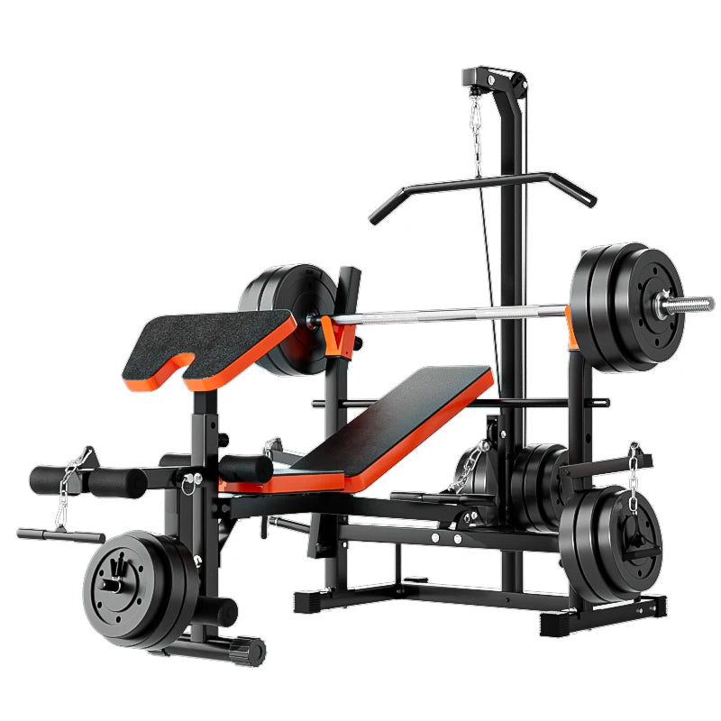 Black and orange SANSHIKJ multifunctional weight bench side angle showing durable steel frame and PU leather cushions