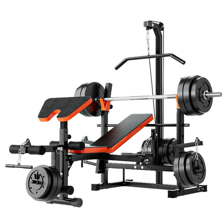Black and orange SANSHIKJ multifunctional weight bench side angle showing durable steel frame and PU leather cushions