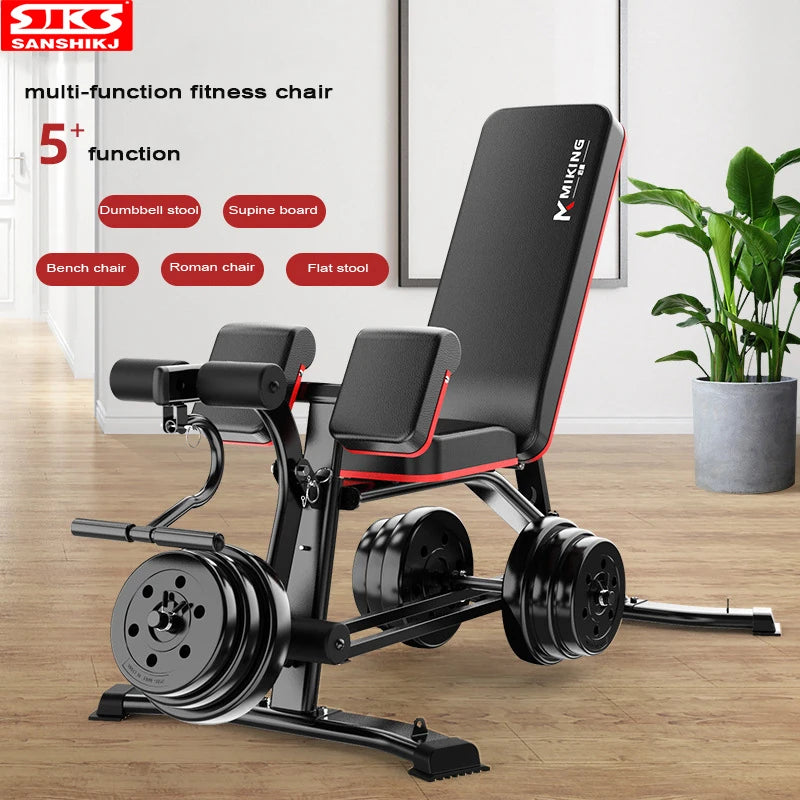 An adjustable multi-function fitness chair by SANSHIKJ, in black and red color, designed for weightlifting and various exercises, including dumbbell training, with a supine board and flat stool positions.