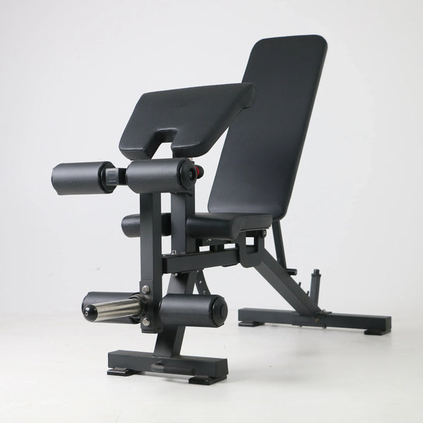 Adjustable fitness exercise bench in black color, designed for use with dumbbells and for various weightlifting exercises.