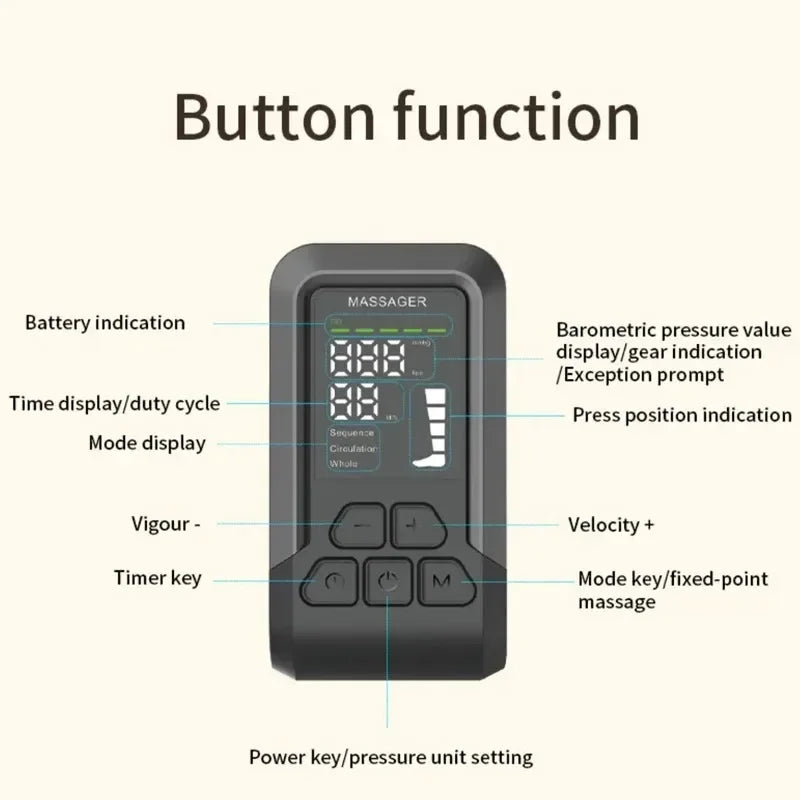 Control panel with labeled buttons and display for a massage device on a white background