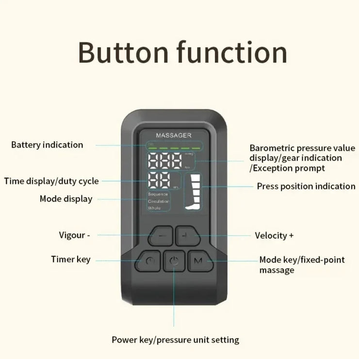 Control panel with labeled buttons and display for a massage device on a white background