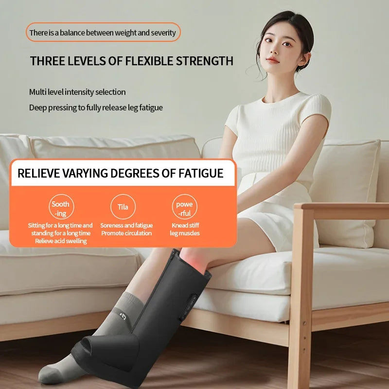 Woman using a leg massager with text on flexible strength and fatigue relief.