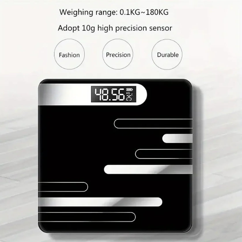 Black digital bathroom scale with digital display on a light gray background