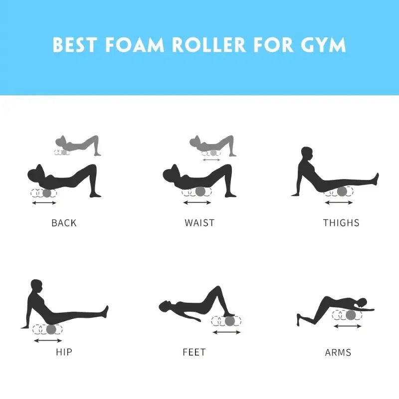 Illustrations of different foam rolling exercises for various body parts on a white background with blue banner at the top.