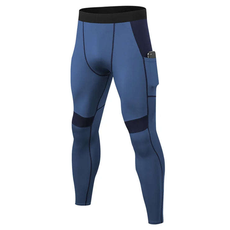 Athletic man wearing supportive compression tights during a run – enhances performance and reduces fatigue.