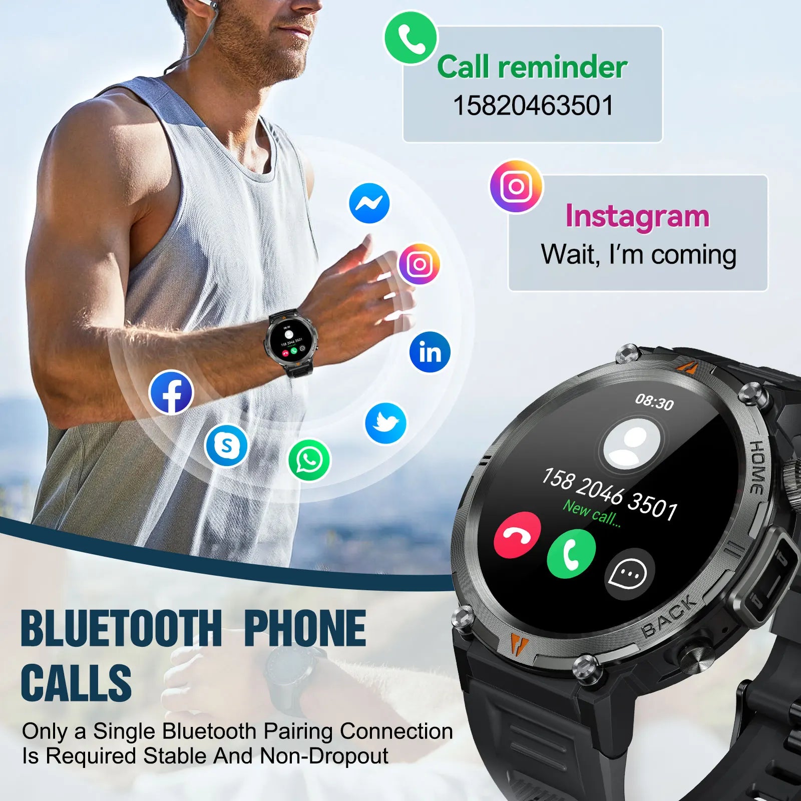 Smartwatch with app icons and call reminder on a blurred outdoor background