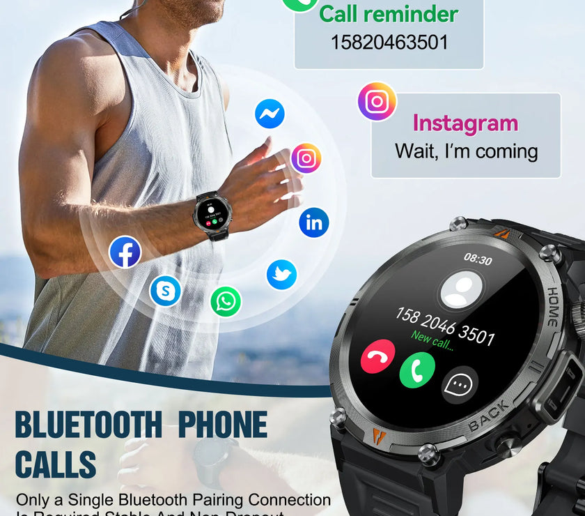 Smartwatch with app icons and call reminder on a blurred outdoor background