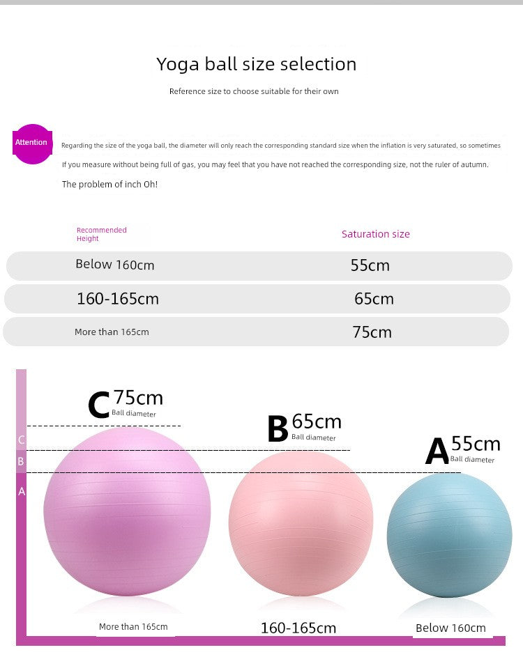 Yoga ball size selection chart with recommended sizes and ball colors.