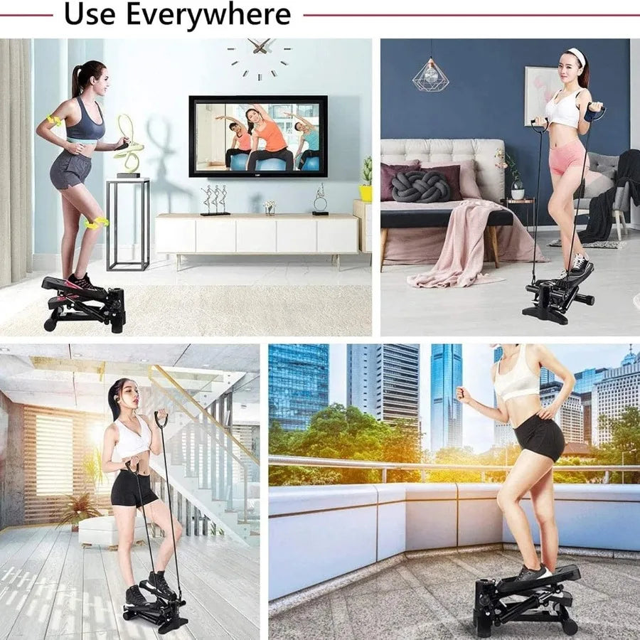 Woman using a step machine in various indoor settings.