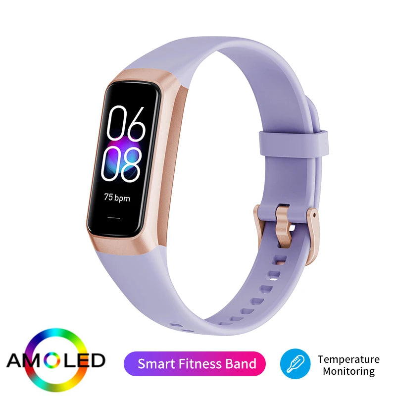 Smart fitness band with purple strap and rose gold accents on a white background