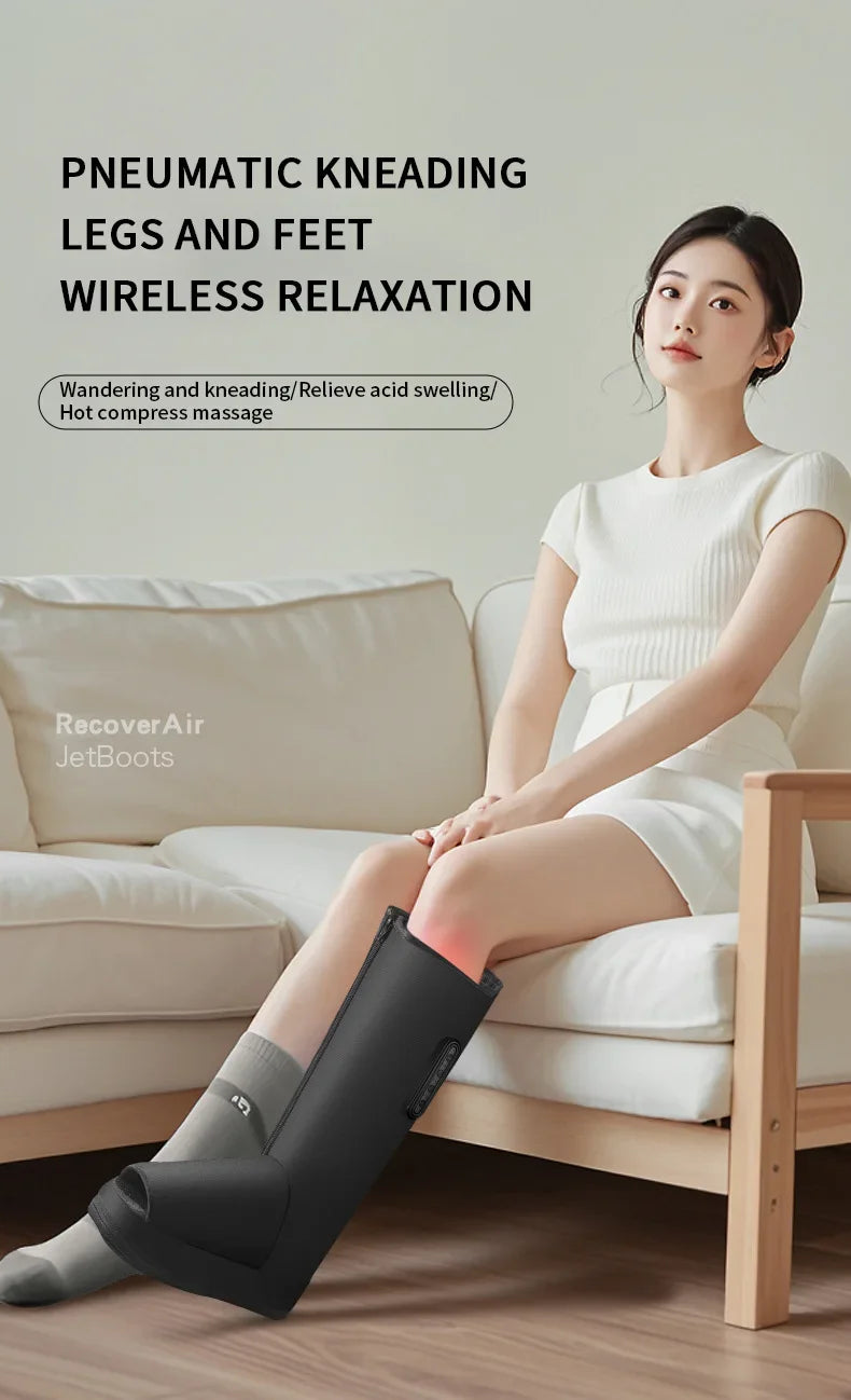 Woman using pneumatic knee-high boots for relaxation on a couch, with 'RecoverAir' branding.