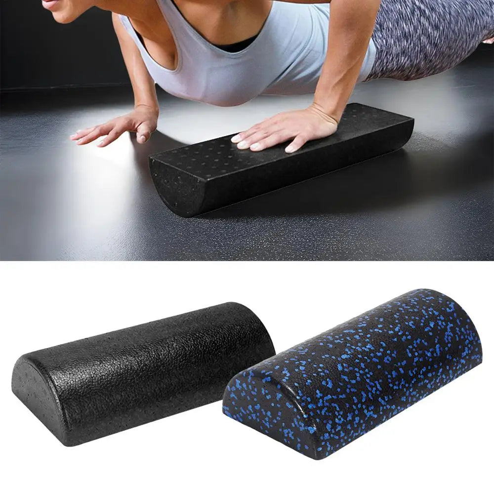 Person using a foam roller on a dark surface with two foam rollers shown below.