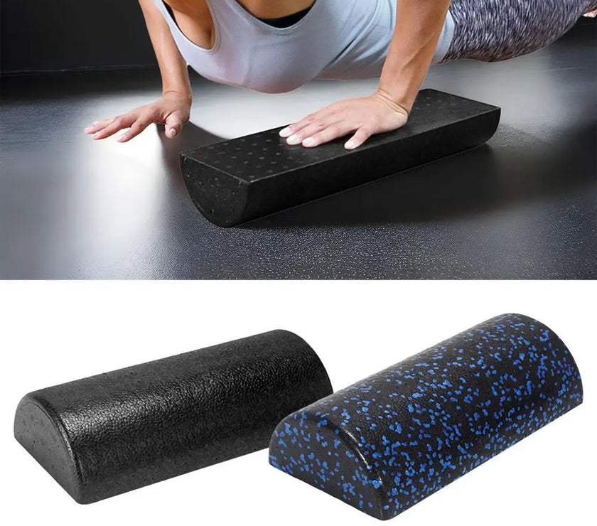 Person using a foam roller on a dark surface with two foam rollers shown below.