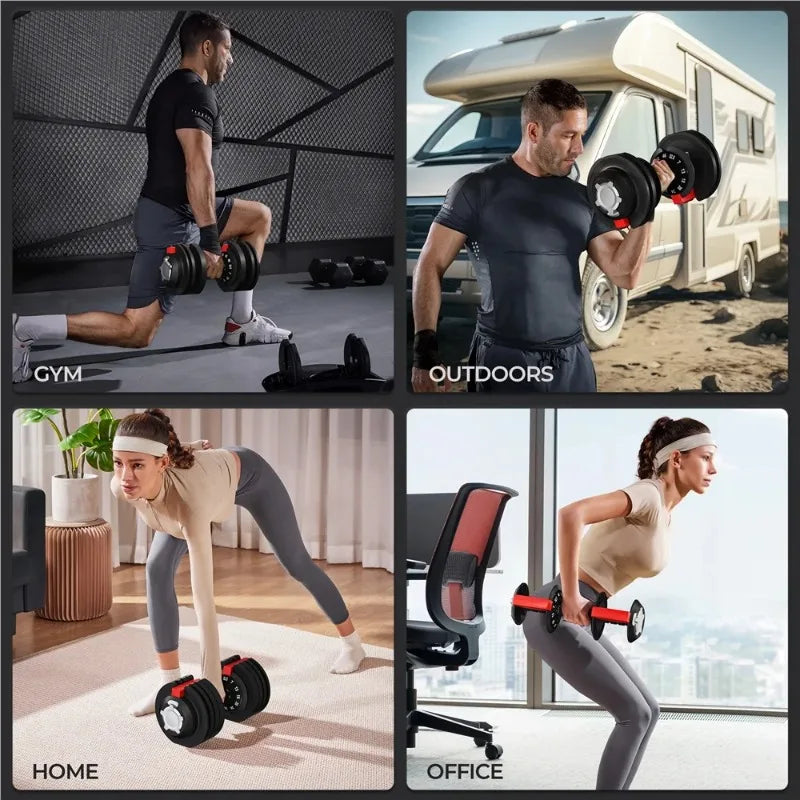 Four different scenarios showing a person using dumbbells: gym, outdoors, home, and office.